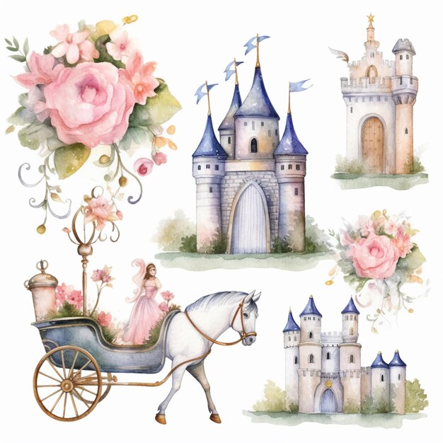 There are four different images of a princess riding a horse generative ai