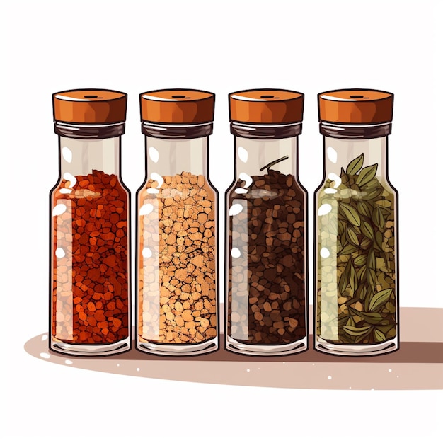 Photo there are four different spices in the bottles on the table generative ai