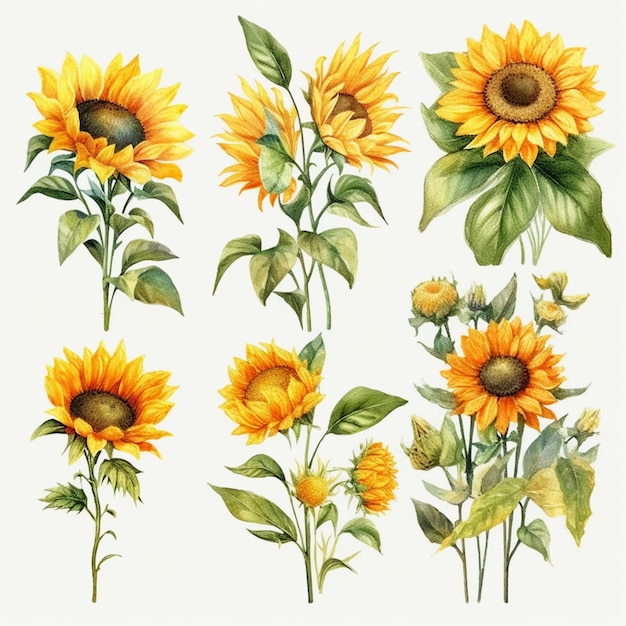 there are four different types of sunflowers with leaves generative ai