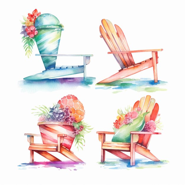 Photo there are four different watercolor illustrations of a beach chair generative ai