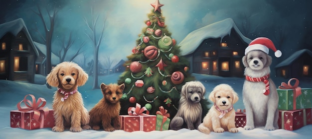 크리스마스 트리 생성 앞에 개 네 마리가 앉아 있다