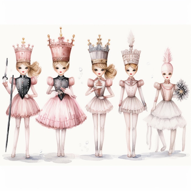 there are four dolls dressed in different costumes and tiables generative ai