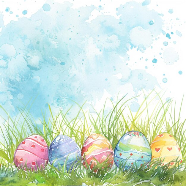 there are four eggs in the grass with watercolor paint generative ai