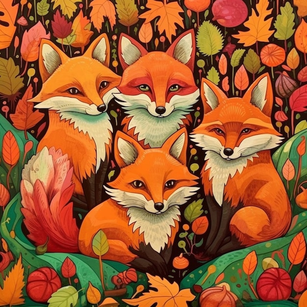 There are four foxes sitting in a field of leaves generative ai