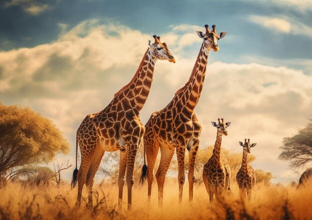 There are four giraffes standing in a field of tall grass generative ai