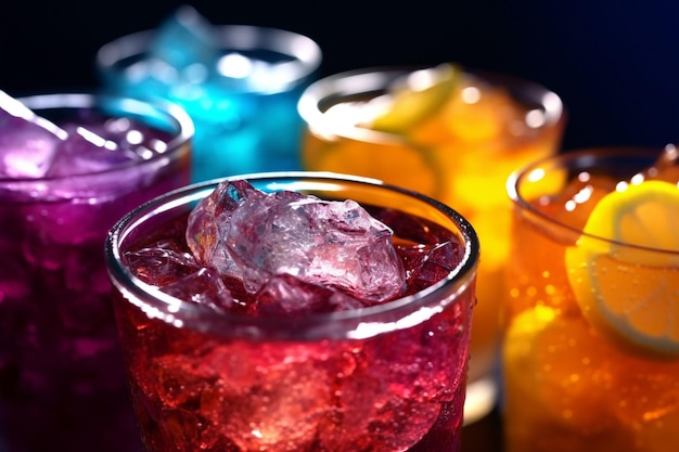 写真 4 つの色の異なる飲み物のグラス, 氷とレモンのスライス