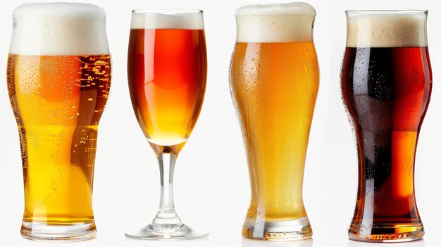 There are four glasses with different beers on a white background The file contains the path to cut from