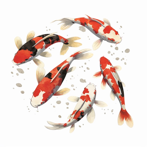 there are four koi fish swimming in a circle on a white surface generative ai