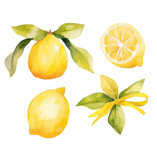 there are four lemons and a lemon peel on a white background generative ai