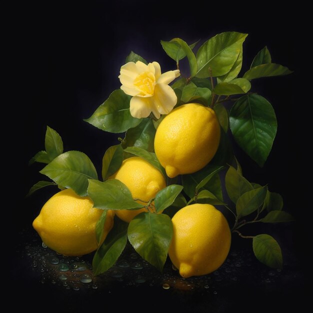 there are four lemons and a rose on a black background generative ai