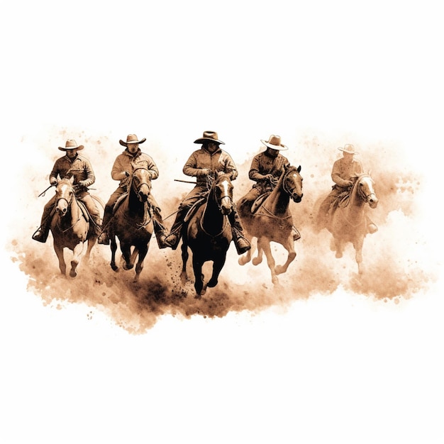 there are four men riding horses in a line on the beach generative ai