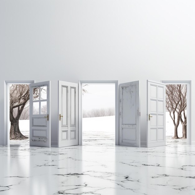 Фото Есть четыре открытых двери, ведущих в заснеженный ландшафт генеративный ай