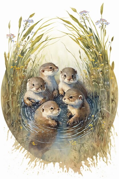 Photo there are four otters in the water with grass and flowers generative ai