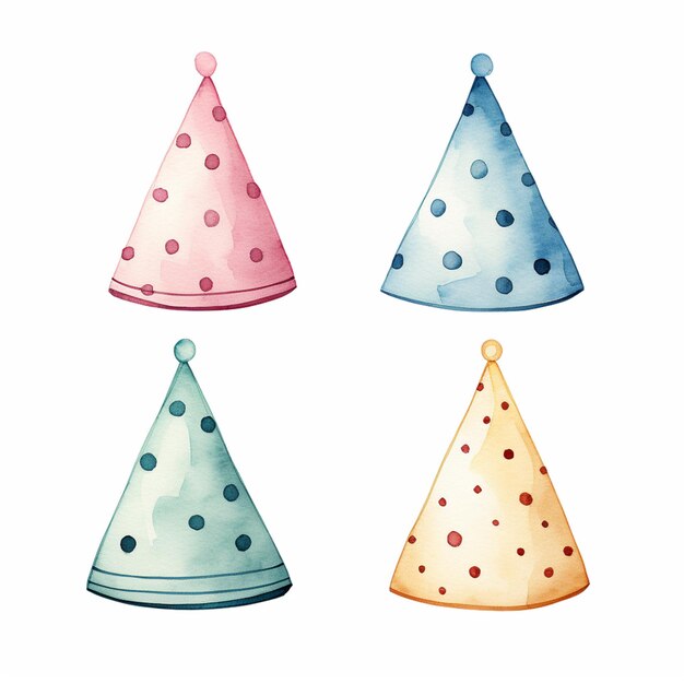 Photo there are four party hats with polka dots on them generative ai