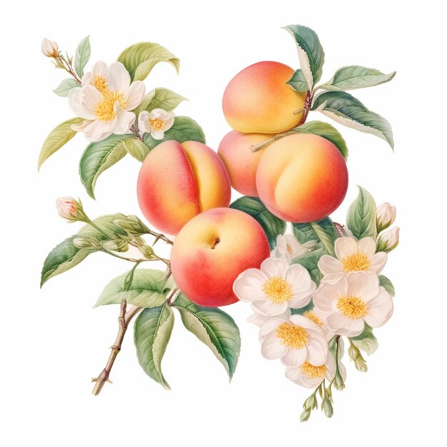 there are four peaches on a branch with white flowers generative ai