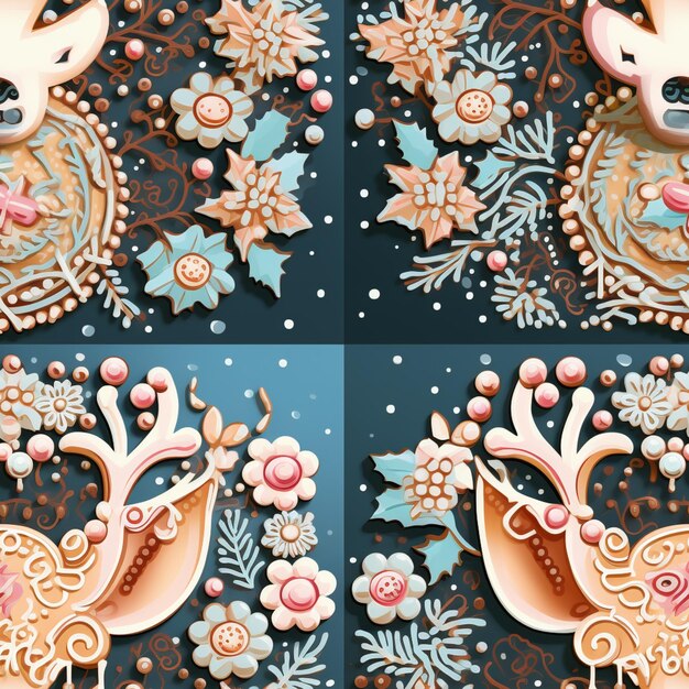 there are four pictures of a reindeer and a reindeer cookie generative ai