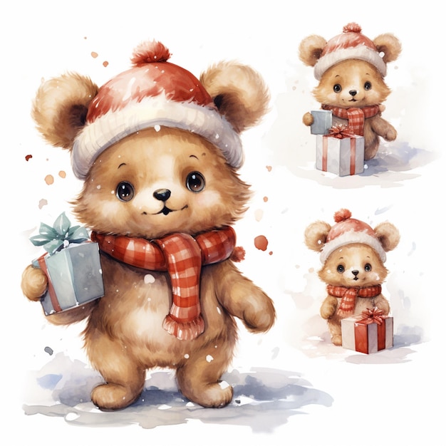 there are four pictures of a teddy bear wearing a santa hat generative ai