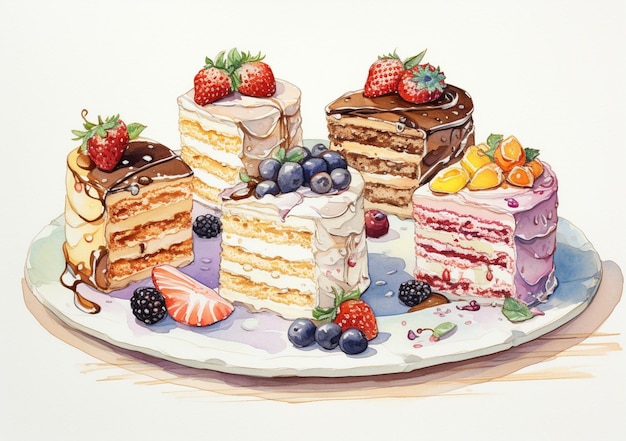 there are four pieces of cake on a plate with berries and strawberries generative ai