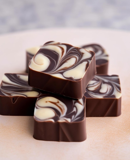 There are four pieces of chocolate on a plate with a marble pattern generative ai