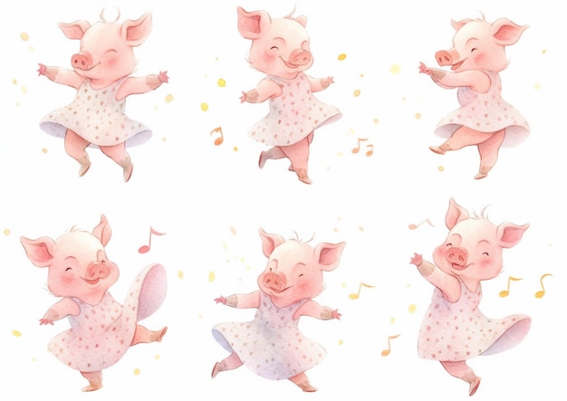 Photo there are four piggys in different poses with music notes generative ai