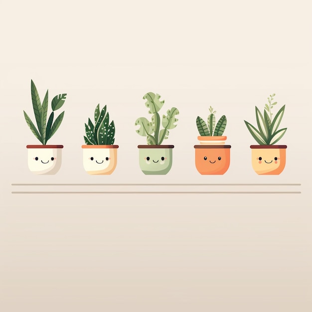 Photo there are four potted plants with faces drawn on them generative ai