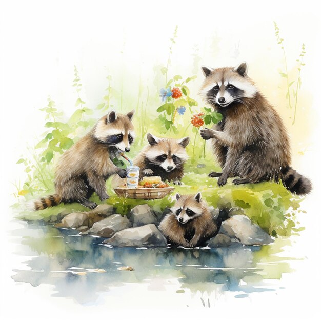 Photo there are four raccons sitting on the rocks by the water generative ai