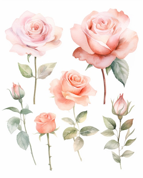 There are four roses that are painted in watercolor on a white background generative ai