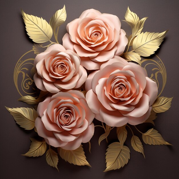 Photo there are four roses with gold leaves on a black background generative ai