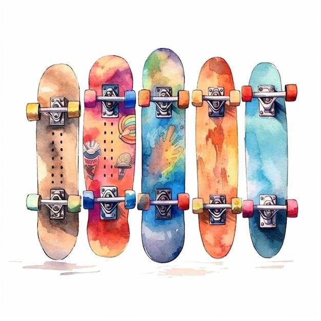 Photo there are four skateboards lined up in a row with one on the other generative ai