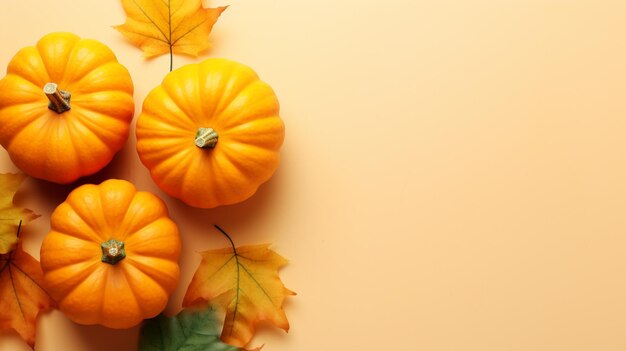 There are four small pumpkins and two leaves on a table generative ai