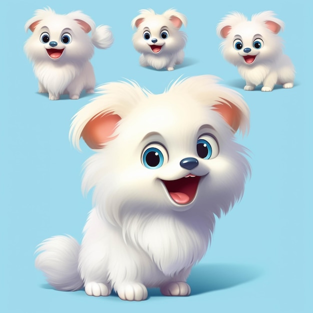 There are four small white dogs with big eyes and one is smiling generative ai