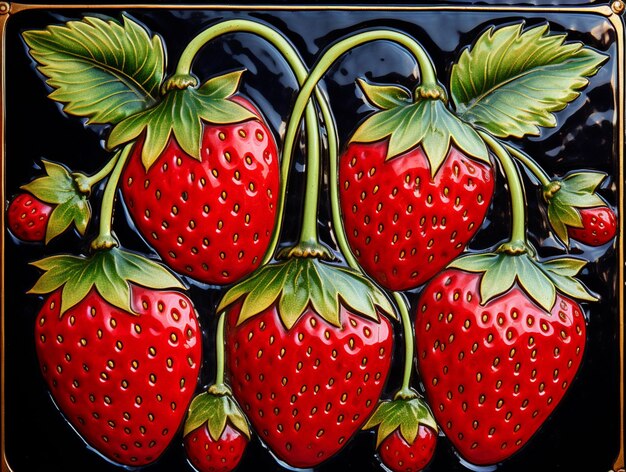 There are four strawberries on a black background with green leaves generative ai