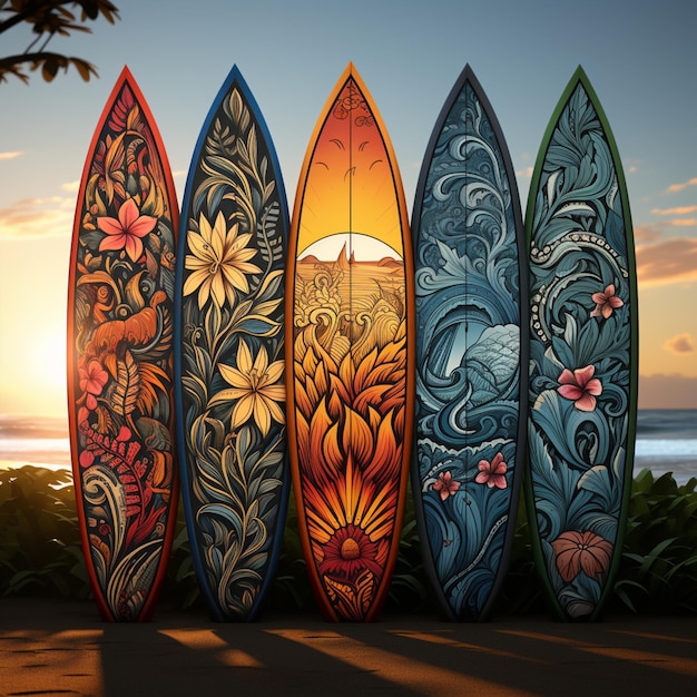 Photo there are four surfboards lined up against each other on the beach generative ai