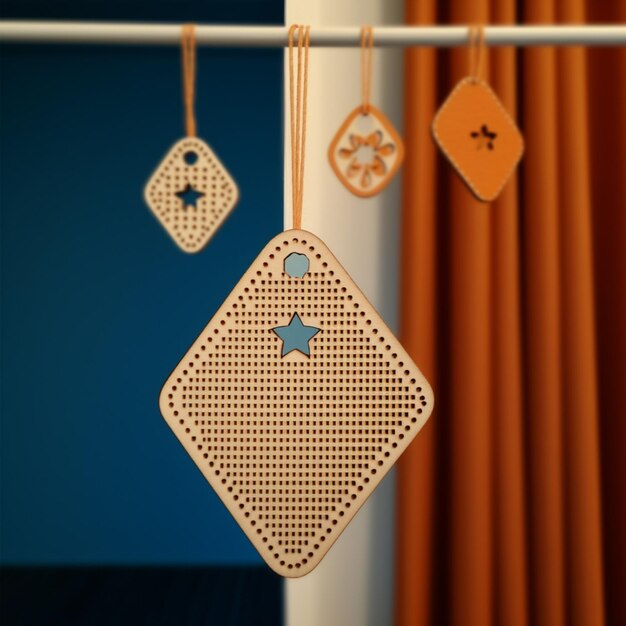 there are four tags hanging from a clothes rack with orange curtains generative ai