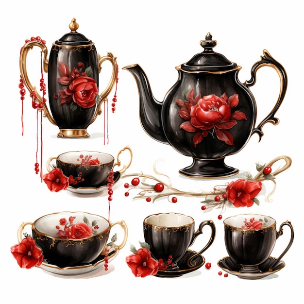 There are four teapots and four cups with red flowers generative ai