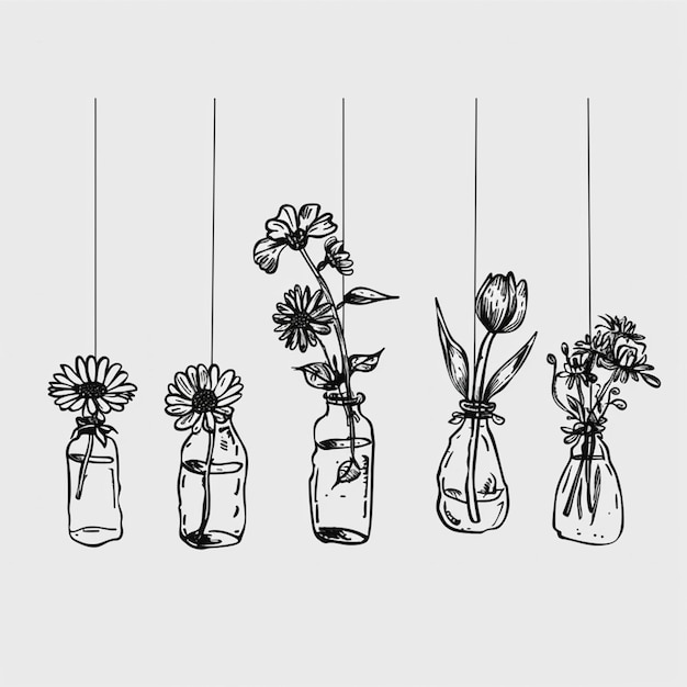 there are four vases with flowers hanging from strings generative ai