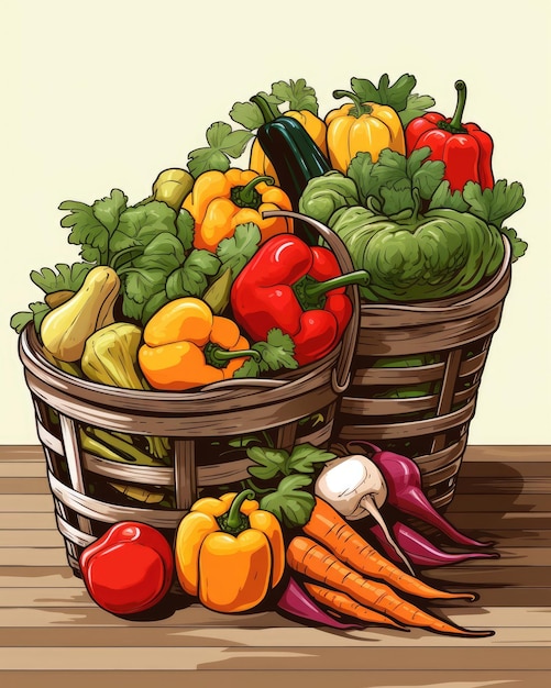 На столе лежат фрукты и овощи в корзинах Генеративный ИИ