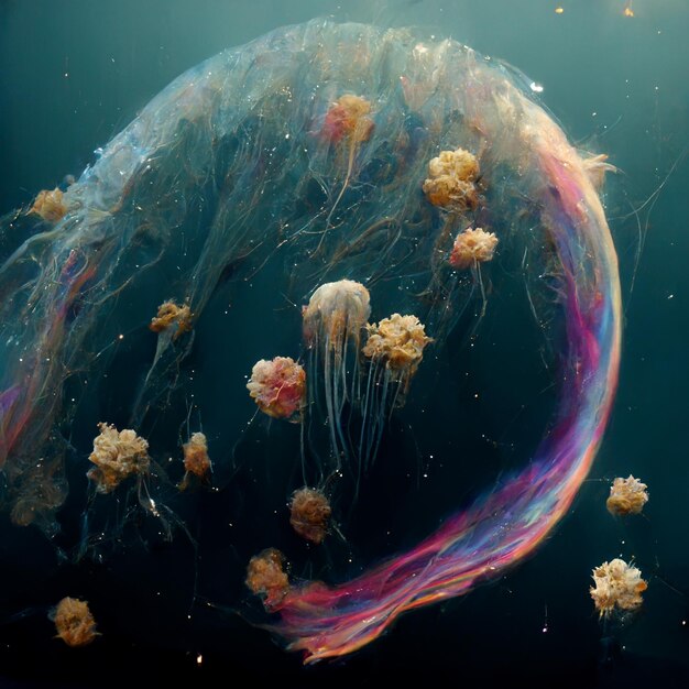 There are jellyfishs floating in the water with a lot of jelly generative ai