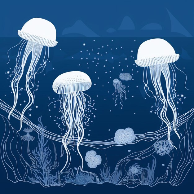 There are jellyfishs swimming in the ocean with a mountain in the background generative ai