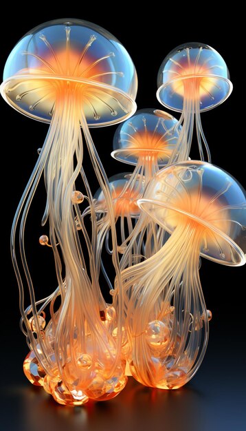 there are jellyfishs that are glowing orange and white in the dark generative ai