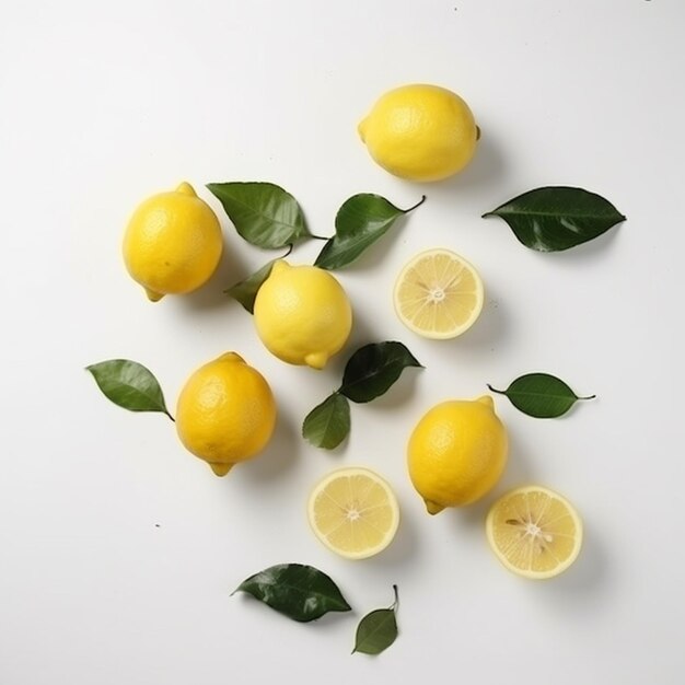 There are lemons and leaves on a white surface with a white background generative ai