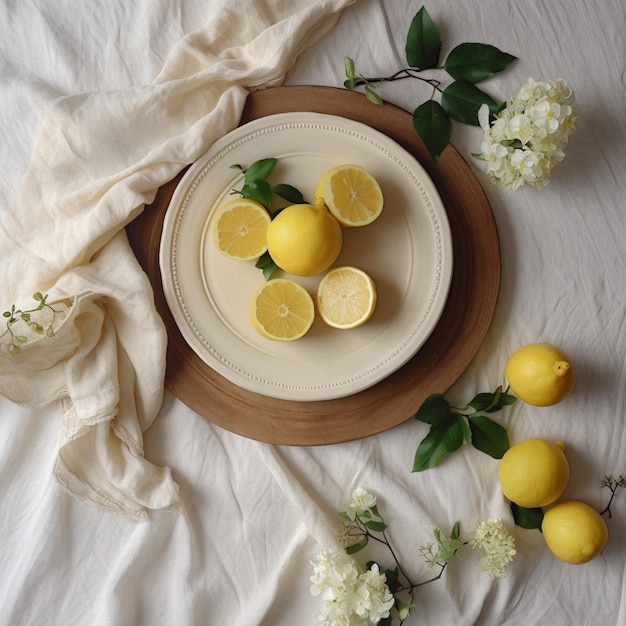 there are lemons on a plate on a white table cloth generative ai