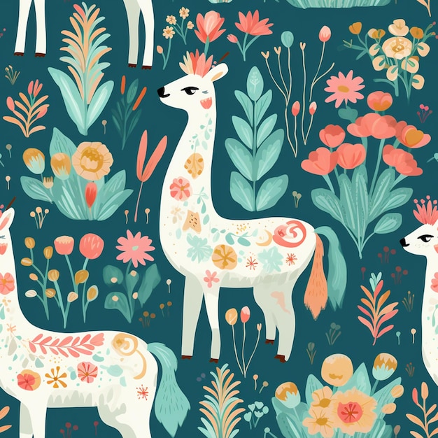 there are llamas and flowers on a blue background generative ai