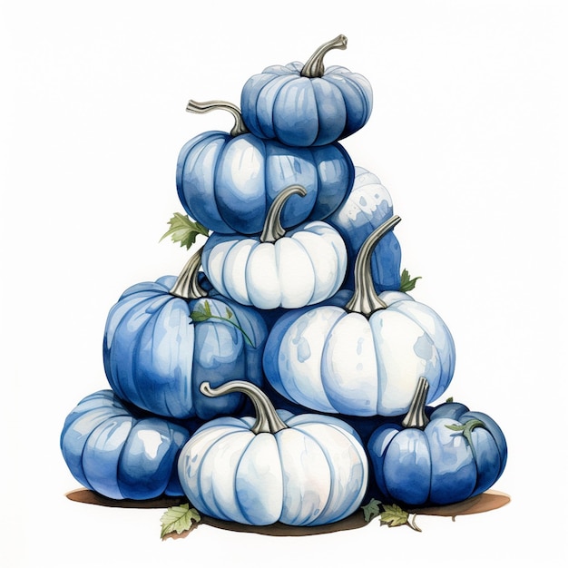 there are a lot of blue and white pumpkins stacked on top of each other generative ai