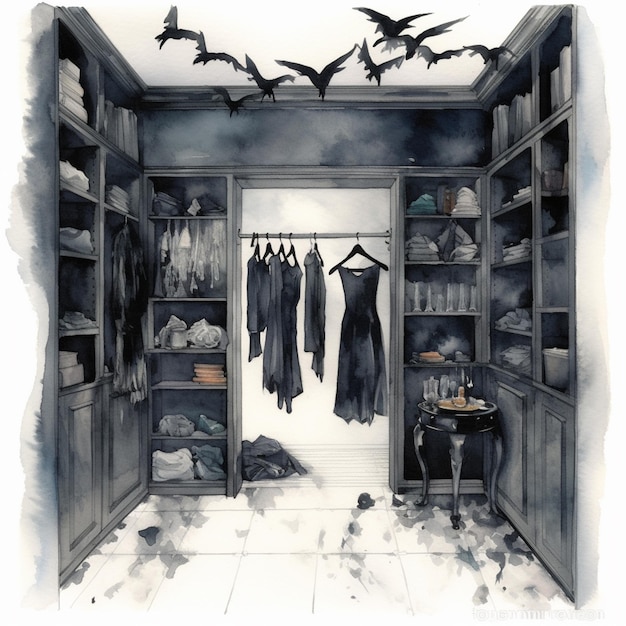 There are a lot of clothes hanging in a closet with bats flying overhead generative ai