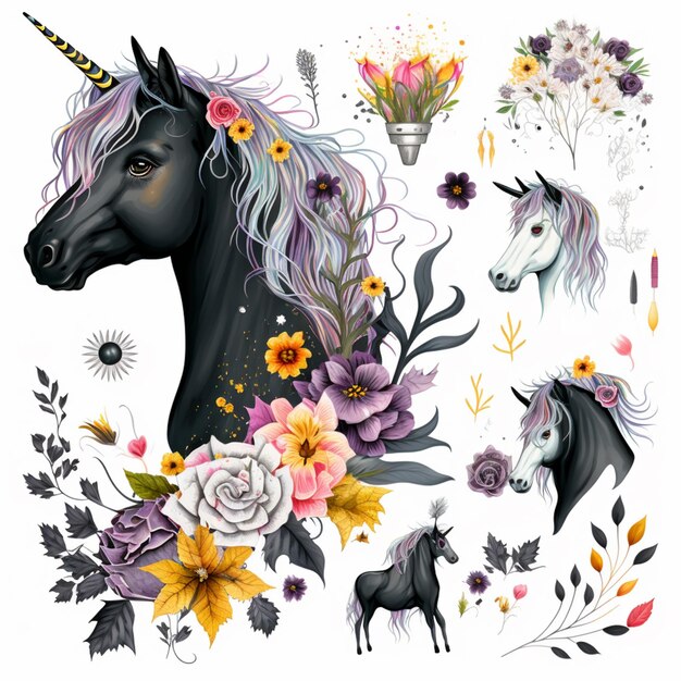 There are a lot of different unicorns and flowers on this picture generative ai