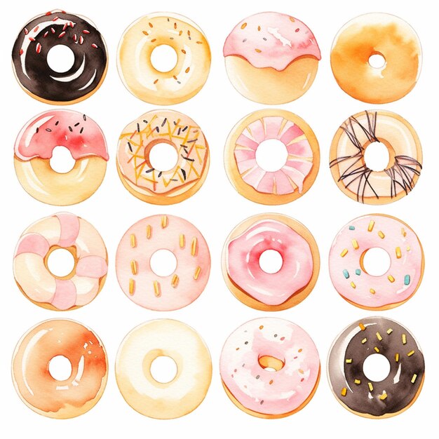 there are a lot of donuts that are painted in watercolor generative ai