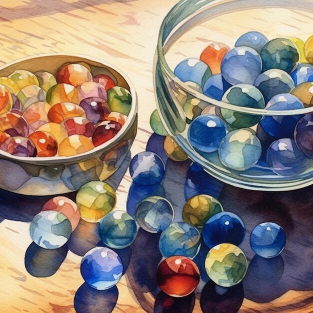 There are a lot of marbles in a bowl on the table generative ai