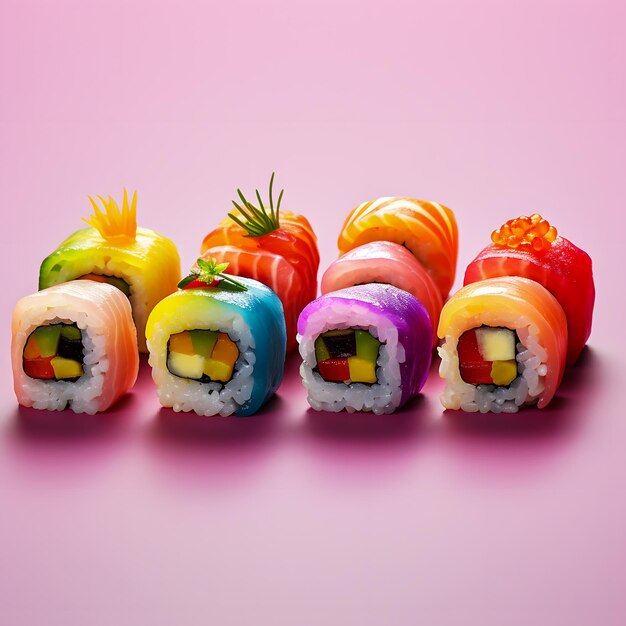 Photo there are a lot of sushi rolls on a pink surface generative ai