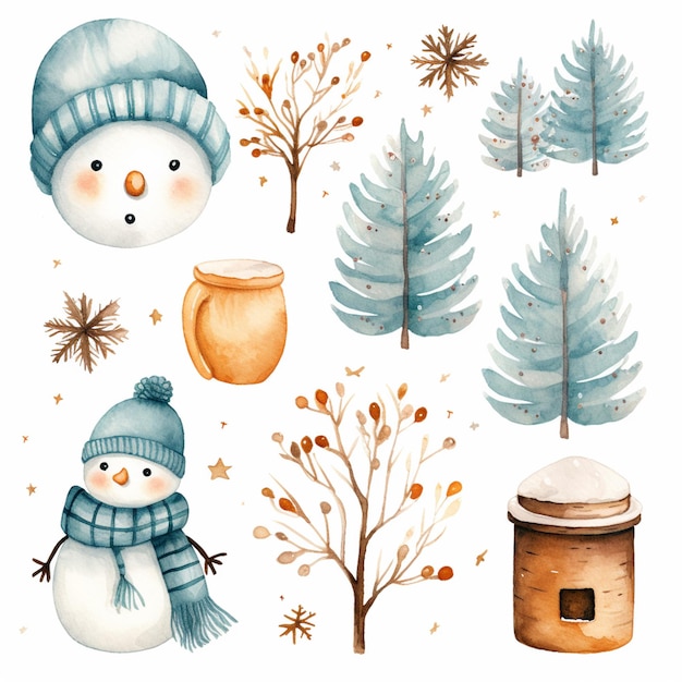 Foto ci sono un sacco di illustrazioni ad acquerello di alberi invernali e pupazzi di neve generativi ai